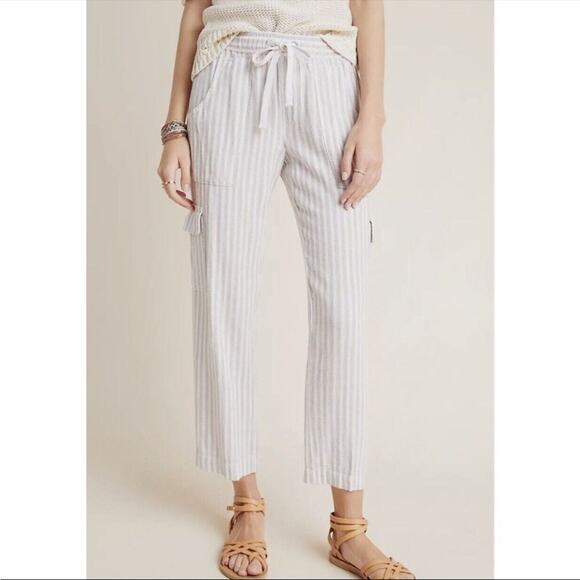 Sanctuary X Anthropologie Discoverer Neutral Linen Stripe Cargo Pants Size L - Picture 1 of 15